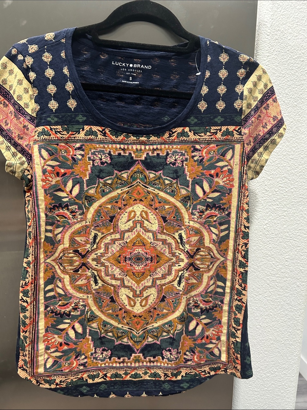 Lucky Brand Navy Tee with Multicolor Medallion Print